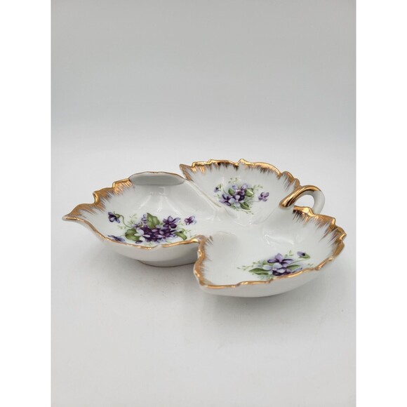 Vintage Kelvin China Leaf Shape Candy Nut Dish Purple Flowers Gold Trim - Picture 6 of 9